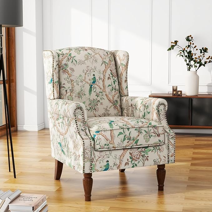 UIXE High Back Floral Accent Chair, Fabric Upholstered Armchair Wingback Arm Club Chair for Living Room, Nailhead Trim Single Sofa Bedroom Side Reading Seat with Solid Wood Legs - Bird Pattern
