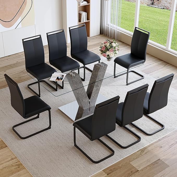 Glass Dining Table Set for 8,Modern Dining Room Table Set,Rectangular Transparent Glass Kitchen Table with 8 Black PU Leather Dining Chairs,Ideal for Kitchen Living Room