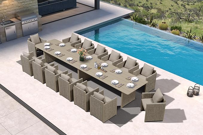 PURPLE LEAF 15 Pieces Outdoor Dining Table Set Modern Extra Large Weather-Resistant Conversation Set Pillows Included for Outdoor Garden Beige