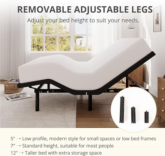 Twin XL Adjustable Bed Base Frame and 12 inch Green Tea Memory Foam Mattress, Electric Bed Base Wireless Remote, Zero Gravity Bed, Head and Foot Incline, Anti-Snore,Easy Assembly