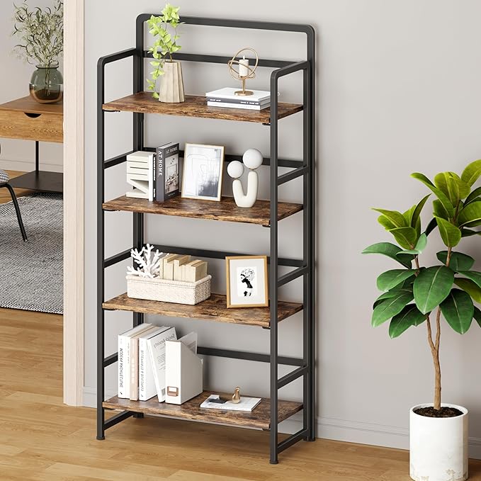 No Assembly Folding Bookshelf, 4 Tiers Collapsible Book Shelf for Home Office, Vintage Wood Foldable Bookcase Storage Organizer for Living Room Bedroom (Rustic Brown)
