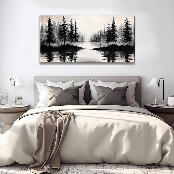 QSQ Black Wall Art For Living Room Canvas Art Wall Decor Print Modern Wall Art Forest River Landscape Painting Picture For Bedroom Office Apartment Hotel Home Wall Decoration 24 X 48 In