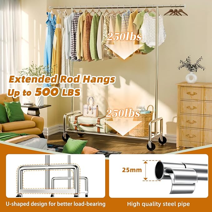 Simple Trending Heavy Duty Clothing Clothes Rack with Wheels for Hanging, Metal Rolling Garment Rack Organizer Load 500 LBS, Chrome