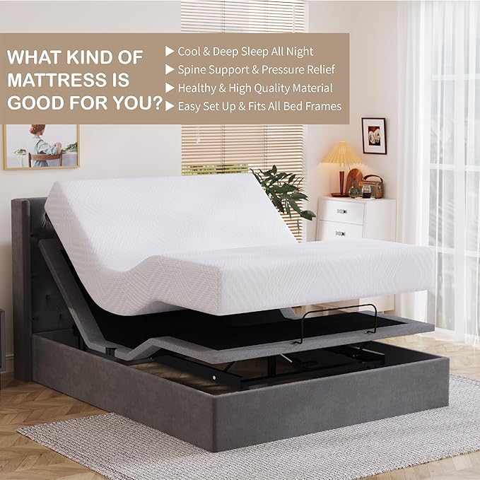 Full Adjustable Bed Base Frame with Wireless Remote + 12 Inch Full Green Tea Gel Memory Foam Mattress Bed in a Box, Head and Foot Incline, Zero Gravity, Fiberglass Free, 75" × 54"
