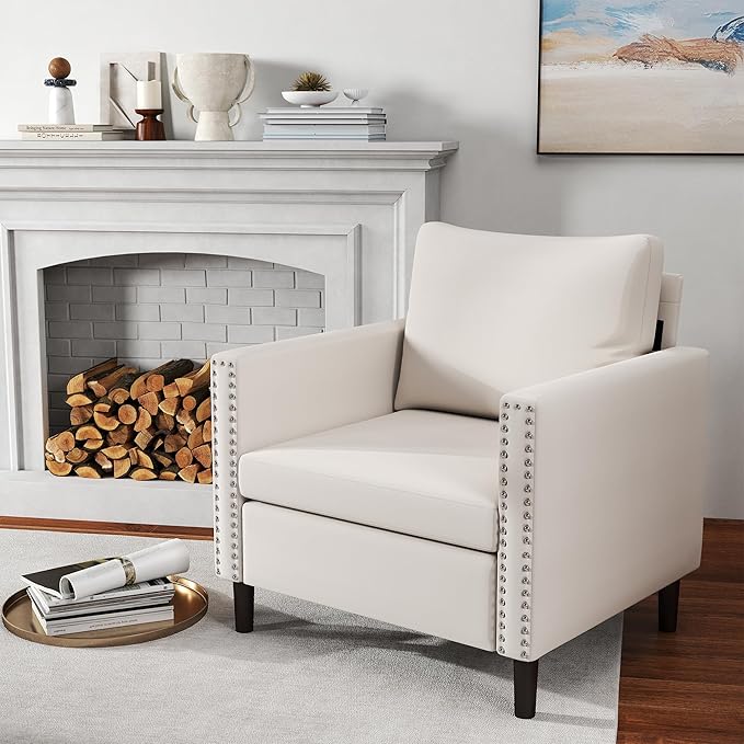 MOJAY Linen Cotton Accent Chair, Living Room Chair Comfy Armchair with Thick Padded Cushion, Lounge Sofa Club Chair with Sturdy Wood Legs for Bedroom Home Office (White, 1 Pack)