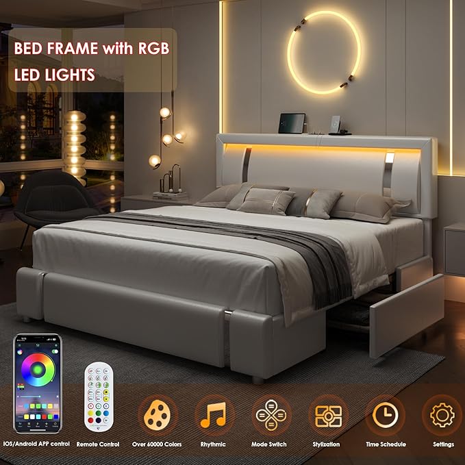 Full Size Bed Frame with RGB LED Lights Headboard & 2 Storage Drawers, Modern Upholstered Faux Leather Smart Platform Bed with Iron Metal Decor, USB & USB-C Charging Ports, No Box Spring Needed, White