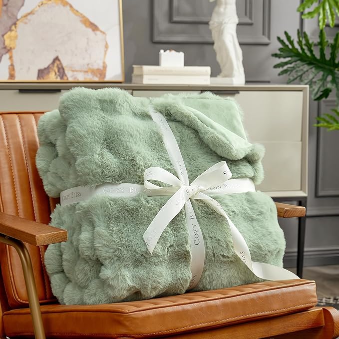 Cozy Bliss Faux Fur Throw Blanket for Couch, Fuzzy Soft Plush Thick Bubble Blanket for Sofa Bedroom Living Room, 50 * 60 Inches Sage Green