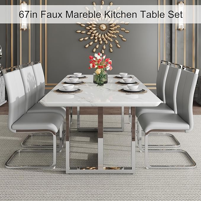 67'' Modern Dining Table Set for 6,White Kitchen Table Set,Luxury Dining Table Set with 1.8-inch Thick Faux Marble Table Top＆6 Pu Leather Upholstered Chairs Ideal for Dining kicken Room