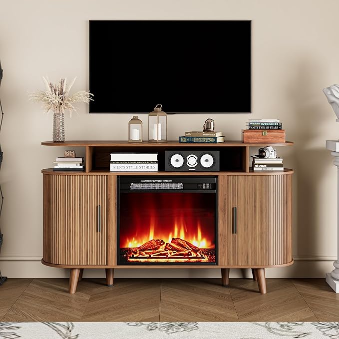 Fireplace TV Stand for TVs Up to 65 Inch, Modern Fireplace Entertainment Center with Sliding Doors and Adjustable Shelves, Media Console Table for Living Room Bedroom, Walnut (Fireplace tv Stand)