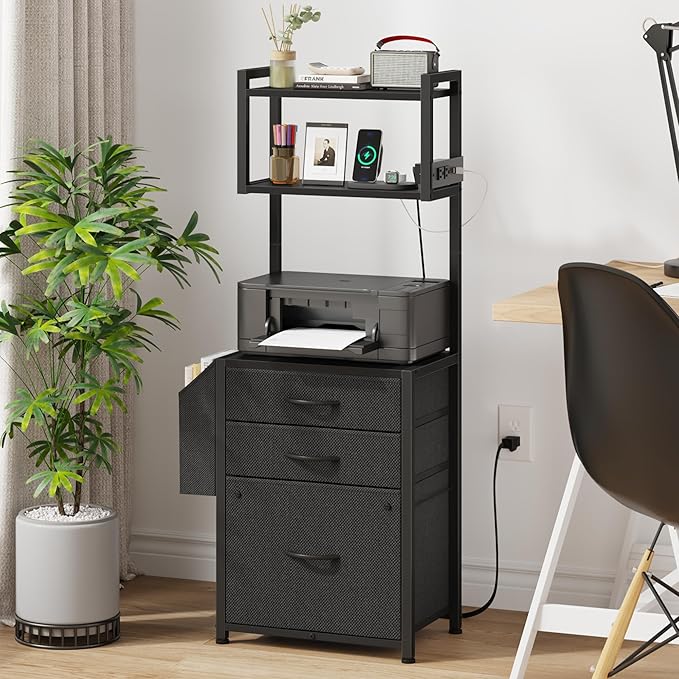 3 Drawer File Cabinet with Charging Station, 3-Tier Tall Filing Cabinet for Home Office, 11''*16'' for Small Printer, Fabric Drawer Fits A4/Letter, Printer Stand 45''H, Black
