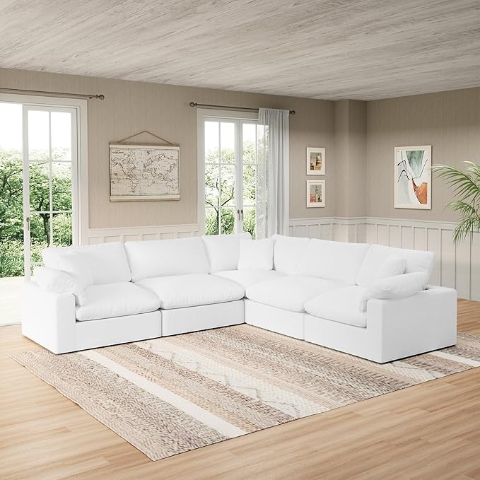Modular Sectional Sofa Cloud Couch,Down Filled Comfy Cloud Modern Sofa,White Linen V Shape 5 Seater Oversized Couch Cushion Covers Removable for Living Room