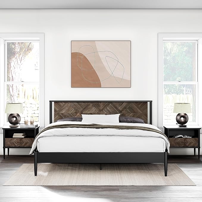 Lenia King Bed Frame with 2 Matching Nightstands – Modern Wood Platform Bed Set, Chevron Diamond Design, No Box Spring Needed, Slatted Support, Mocha Finish (Mocha Black, King)