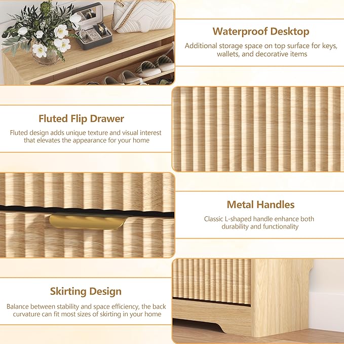 Shoe Cabinet Storage for Entryway with 4 Flip Drawers, Oak Fluted Shoe Cabinet with Adjustable Shelves, Wooden Hidden Shoes Rack Freestanding Narrow Slim Shoes Storage for Hallway, Entrance