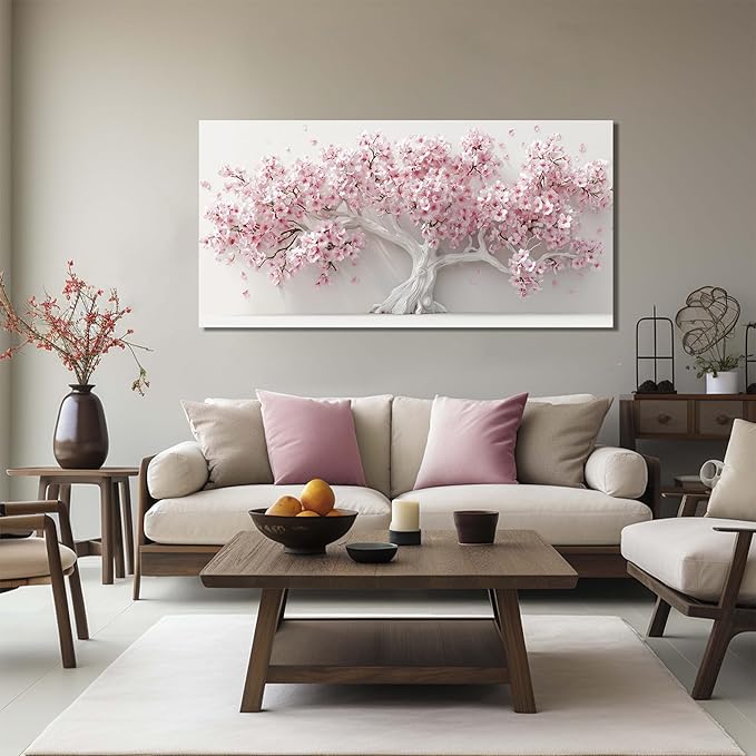 Pink Wall Art for Living Room Bedroom Home Office Large Tree Wall Decor Flower Pictures Art White Artwork Modern Floral Canvas 24"x 48"