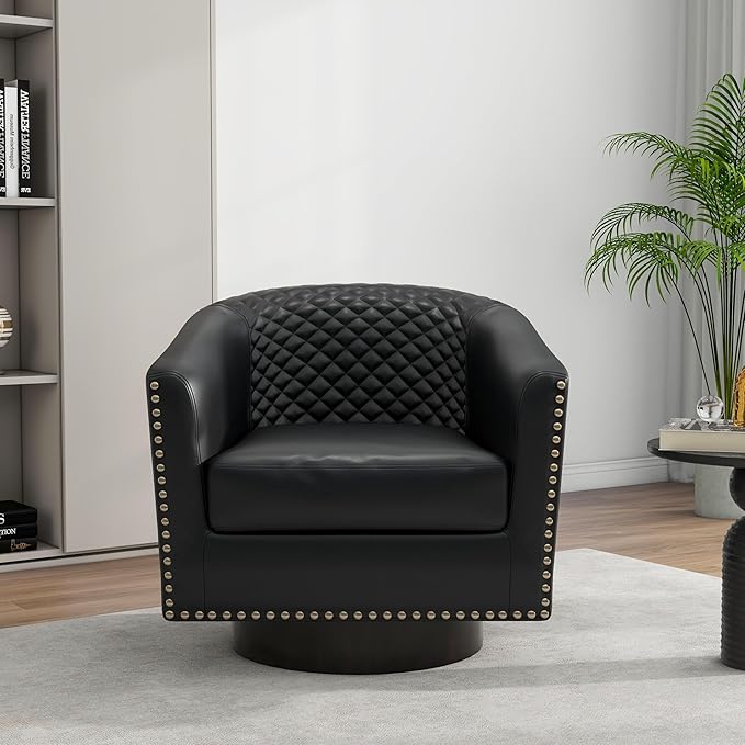 Swivel Barrel Accent Chair, Comfy Modern Upholstered Round Faux Leather Arm Chair for Living Room, Bedroom（Black, Set of 2