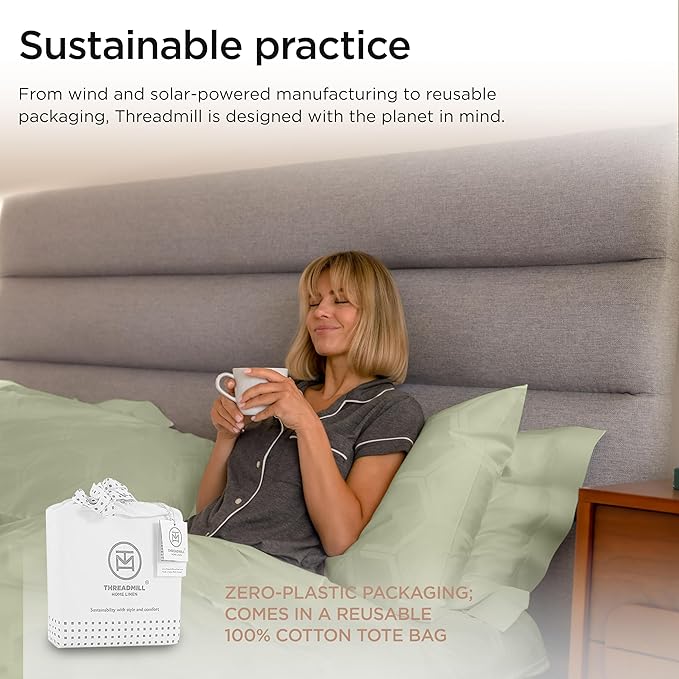 Threadmill 100% Cotton Sheets for Full Size Bed - 600 Thread Count Full Bed Sheets Set with 16” Deep Pocket - Jacquard Sateen Weave 4-Piece Bedding Set with Cooling Effect, Sage Green