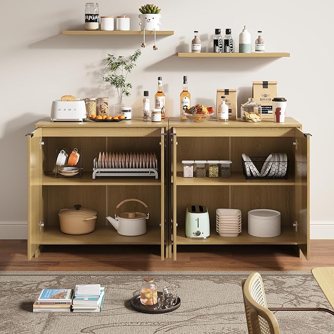 63" TV Stand for TVs up to 70",Modern Fluted TV Console with Storage Cabinet,Entertainment Center with 4 Doors & Adjustable Shelves for Living Room,Natural Oak