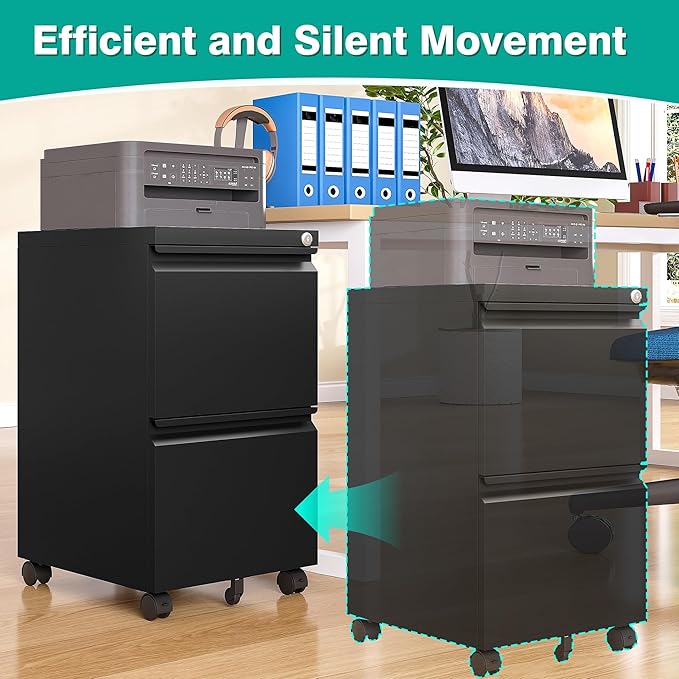 SISESOL 2 Drawer File Cabinet on Wheels,Metal Filing Cabinet with Lock,Black Rolling File Cabinets,Under Desk Office Cabinets for Home Office,Fit A4/Letter/Legal,Fully Assembled Except Caster