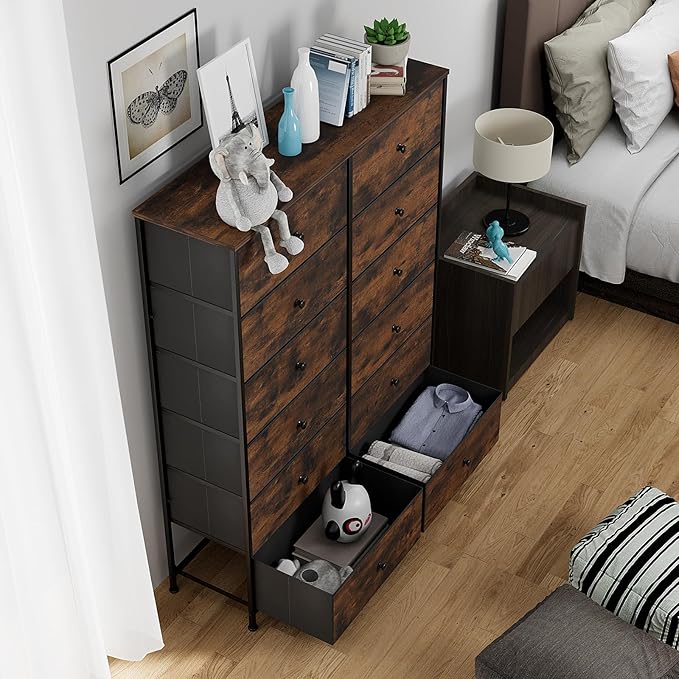Arlopu 12-Drawer Dresser, 35.2’‘ Widened 6-Layer Fabric Storage Tower w/Textured Print Fabric Bins, Tall Chest Organizer Unit for Living Room, Hallway, Nursery, Closets, Adjustable Feetpad