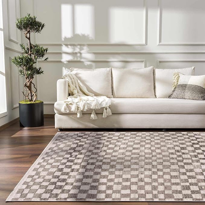 Hauteloom Pertek Modern Checkered Runner Rug - Modern Geometric Carpet for Hallway, Kids Room, Nursery - Bohemian Boho Carpet - Cream, Beige, Tan - 2'7" x 7'3"