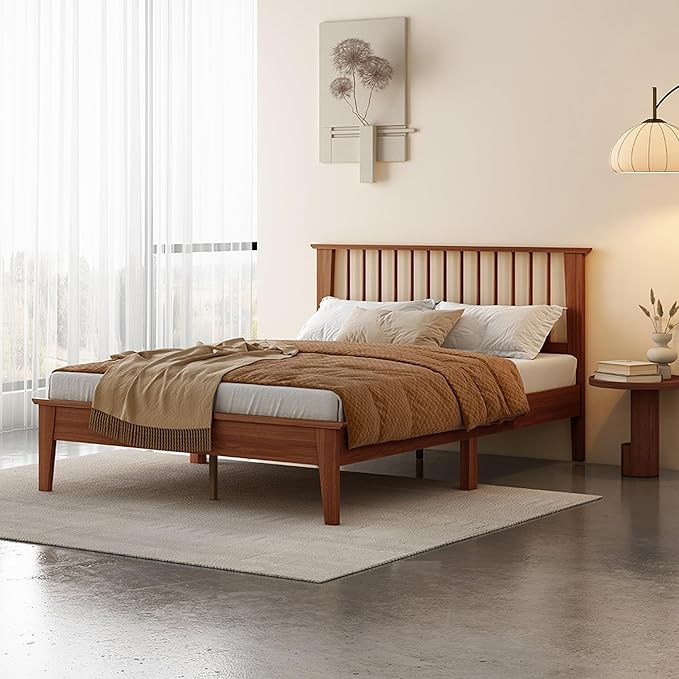 MUSEHOMEINC Solid Wood King Size Bed Frame with Headboard, Mid Century Modern Style,Wooden Slat Support, No Box Spring Needed, Large Under Bed Storage, Easy Assembly (King)