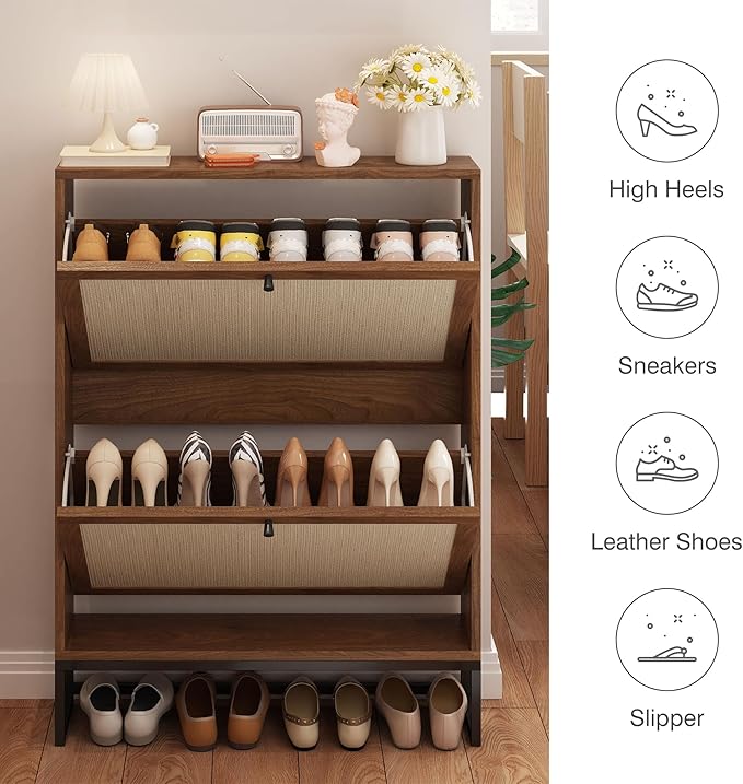 Shoe Cabinet with 2 Flip Drawer Drawer, Modern Shoe Organizer Freestanding Shoe Cabinet Storage, Shoe Storage Shoe Rack for Closet with Linen Doors Drawer in Hallway, Entrance (Walnut)