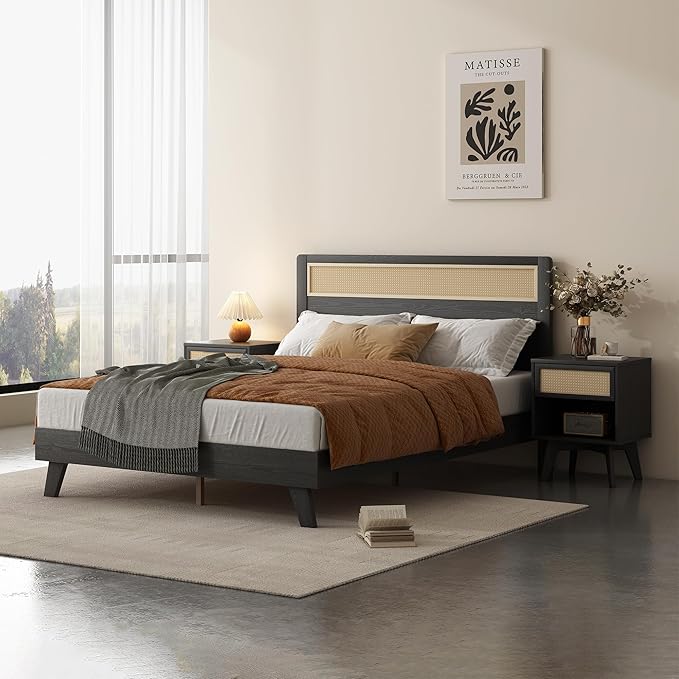 MUSEHOMEINC Modern Wooden Full Size Bed Frame with Rattan Headboard,Boho Style,No Box Spring Needed, Easy Assembly (Full)