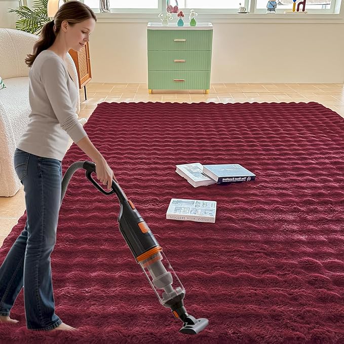 Wine Red Rabbit Plush Area Rug for Bedroom Living Room Sofa,6'X9' Faux Fur Fluffy Shaggy Rectangular Square Rug for Kids Teen Girls Room,Furry Carpet Rug for Nursery Baby Room Decor for Teenage