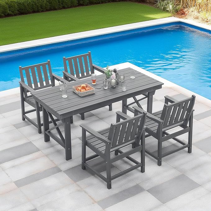 QUASCO Outdoor Patio Dining Set, 5-Piece Rectangular HDPE Dining Table with Umbrella Hole and 4 Chairs, Modern Patio Furniture Dining Sets for Poolside, Deck and Garden, Gray
