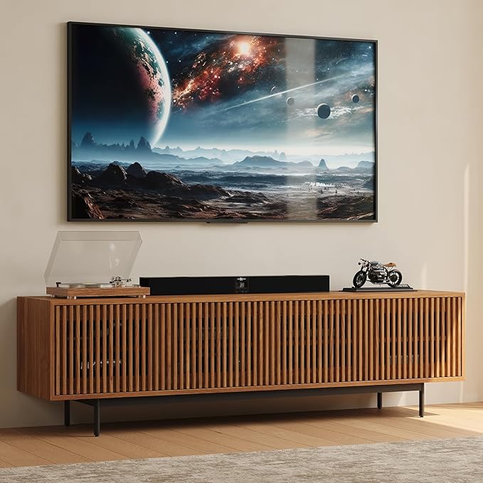 POVISON Mid-Century Modern TV Stand with Slatted Doors, Fully Assembled 78.74" Wood Media Console, TV Console with Tall-cast Metal Legs, Entertainment Center with Storage for Living Room