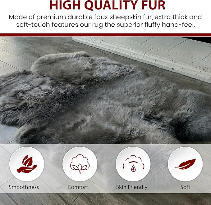 Free Shape Luxury Soft Fluffy Shag Area Rug Duo Decto 12 Pelts 6'x12', 180x360cm - Vegan Fur Ultra Soft Indoor Carpet Nursery Rugs for Bedroom Home Decor, Dark Grey