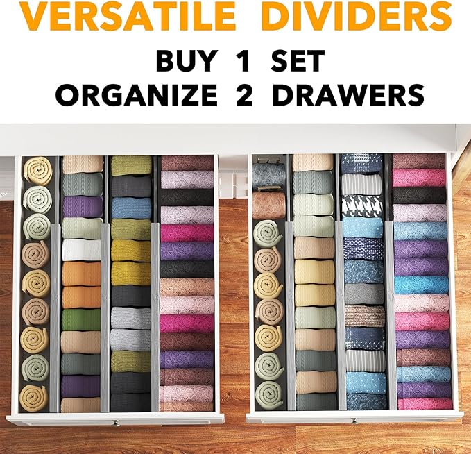 SpaceAid Bamboo Dresser Drawer Dividers 6 Pack, 4.65“ High Adjustable 17“-22” Drawer Organizers, Expandable Organization for Clothing, Clothes, Dressers, Gray