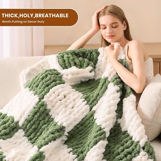 L'AGRATY Chunky Knit Blanket Throw: 60''x80'' Chenille Chunky Knitted Throw Blankets for Twin Bed Couch - Handmade Thick Cable Knit Blanket - Large Crochet Blankets for Home Decor(Green Checkered)