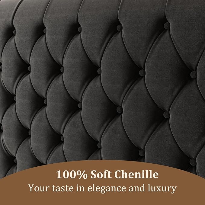 57.5" Tall King Size Upholstered Bed Frame with Rolled Headboard and Footboard, Plaform Bed Frame with Deep Button Tufting, Soft Chenille Fabric, Noise Free, No Spring Box Needed, Black