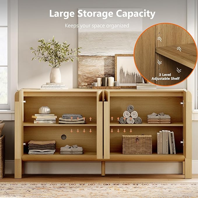 WAMPAT Modern TV Stand for TVs Up to 75 inches,63" W Farmhouse Entertainment Center with Adjustable Shelf and 4 Doors,Media Console Table TV Cabinet for Living Room,Light Walnut