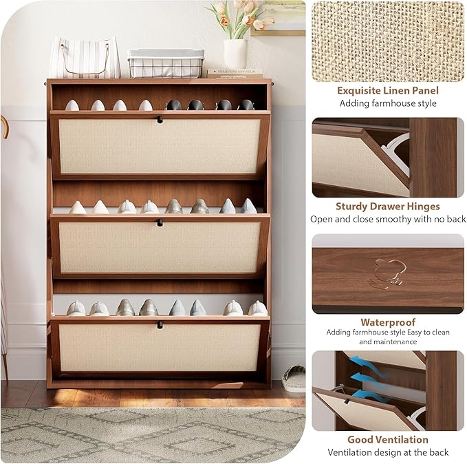 Narrow Shoe Storage Cabinet with 3 Flip Drawers, Wood Shoes Cabinet with Linen Doors Drawer, Freestanding Shoe Organizer Slim Shoe Cabinet Storage Shoe Rack for Entryway Hallway (Walnut)