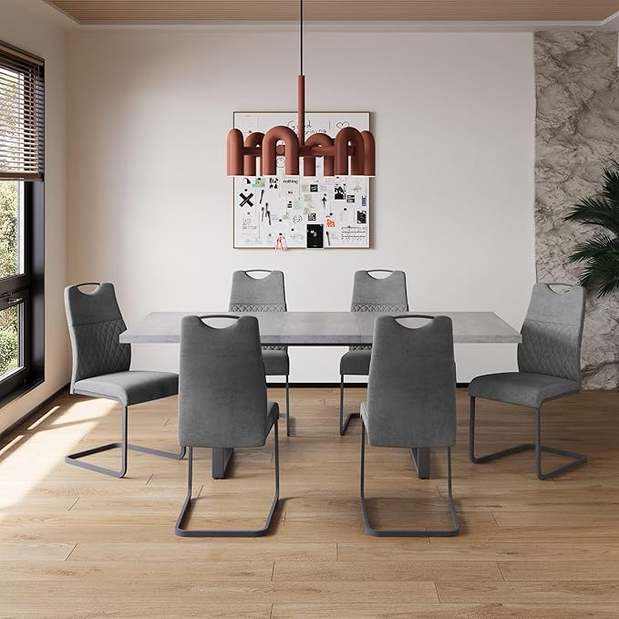 ZckyCine Modern Mid-Century Dining Table Set for 6-8 People Kitchen Dining Room Table Set Extendable Wood Dining Table and 6 Upholstered Chairs, Home Kitchen Furniture