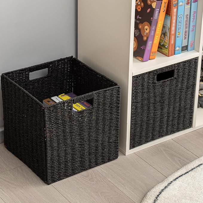 Handwoven Paper Woven Cube Basket Organizer with Handles set of 4 Foldable Storage baskets for Bedroom Living Room Cubby Storage Units for Clothes Books Toys (Black, 13" L x 13" W x 13" H)