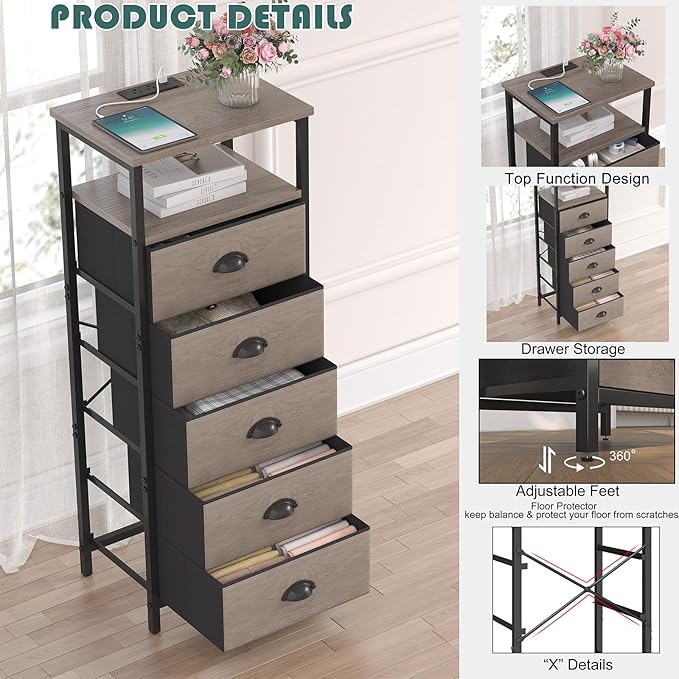 Nightstand with Charging Station,LED Grey Nightstand with 5 Fabric Drawers, Bedside End Tables, 2-Tier Open Storage Shelf Side Table Nightstand with Drawers for Bedroom, Grey