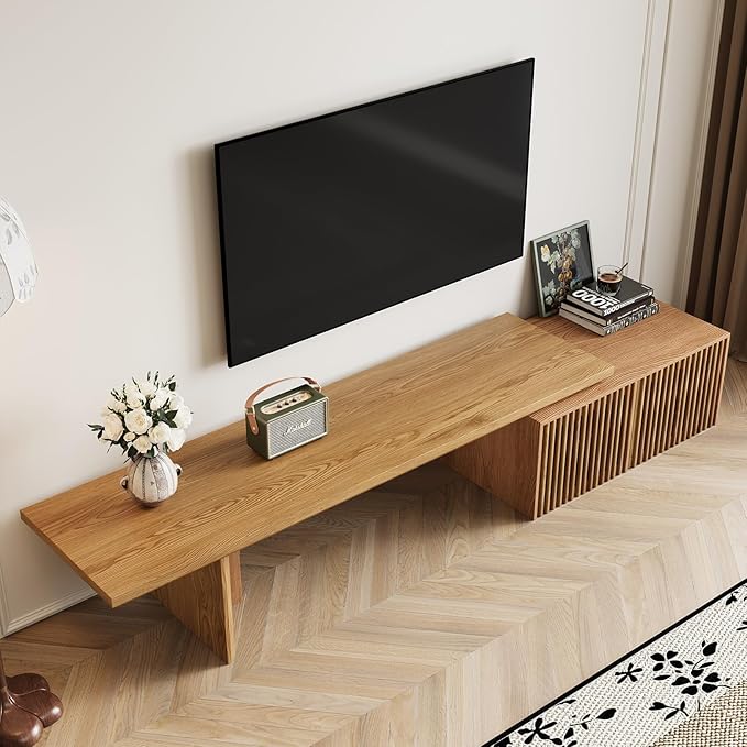 Modern TV Stand, Entertainment Center with Storage, Extendable TV Media Console for Up to 55+ Inch, Minimalist Television Cabinet for Living Room/Bedroom - Wood Color (78.7"-110" Extendable)