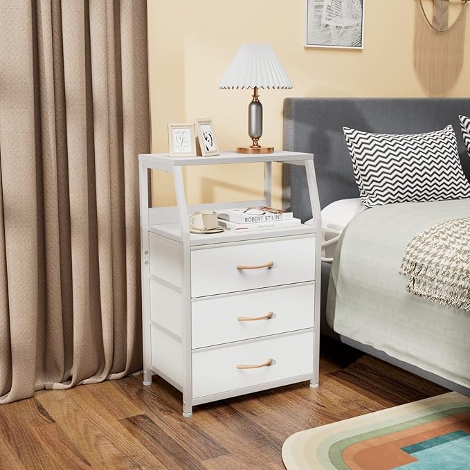 Furnulem White Nightstand with 3 Drawers and 2-Tier Shelf, Small Night Stand End Table Side Furniture, Fabric Storage Organizer for Bedroom, Closet, Hallway, Nursery, Sturdy Steel Frame, Wood Top