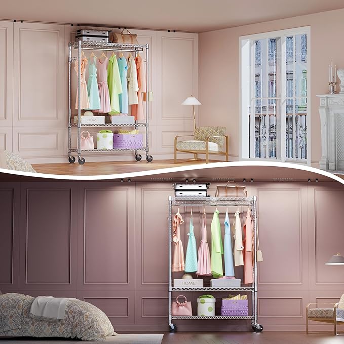 IZEUK 3 Tier Heavy Duty Rolling Garment Rack Wire Clothes Rack for Hanging Clothes, Metal Freestanding Closet Wardrobe Rack with 1 Rods and Wheels Chrome 15.7" D x 45.3" W x 75.6" H