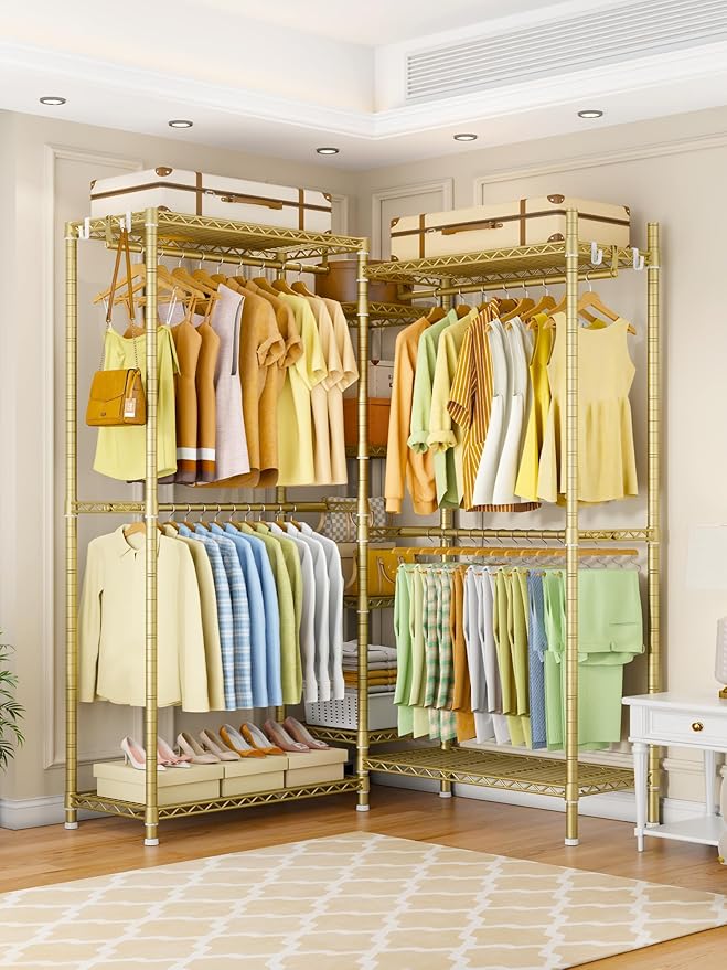 Ulif E4 Clothes Rack, Heavy-Duty Garment Rack, Metal Freestanding Clothing Organization Storage System Can Be L-Shaped with Shelves and Hangers, Max Load 962lbs, 71.6" W x 14.5" D x 79.3" H, Gold