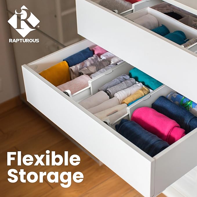 RAPTUROUS Adjustable Drawer Dividers, 8" Tall, Expandable 13.35-22", 4-Pack, Non-Slip for Deep Drawers in Kitchen, Bedroom, and Closet (White)