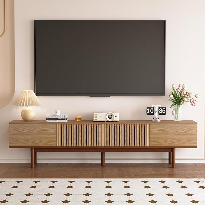 Mid Century Modern 86.6" Solid Wood TV Stand, Ready-to-Use Entertainment Center with Storage, TV Console for Living Room & Bedroom, Walnut