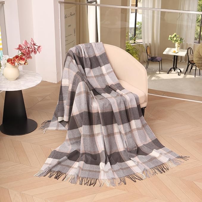 Gray Check Throw Blanket for Couch,100% Wool Throw Blanket for Home Decor, Soft Lightweight Cozy All Season Decorative Vintage Blankets for Travel,Bed, Sofa, Chair, Outdoor 55"x83"/1.5LBS