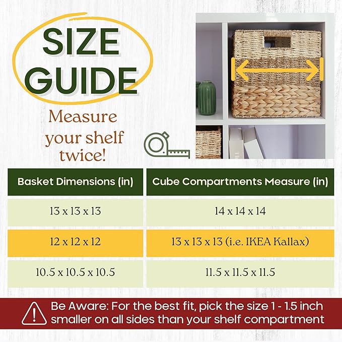 12x12 Storage Cube Bins Wicker Storage Basket for Cube Shelf, Natural Foldable Square Baskets for Storage, Large Woven Cube Storage Bin with Handle, Baskets for Pantry, Bedroom Set of 4