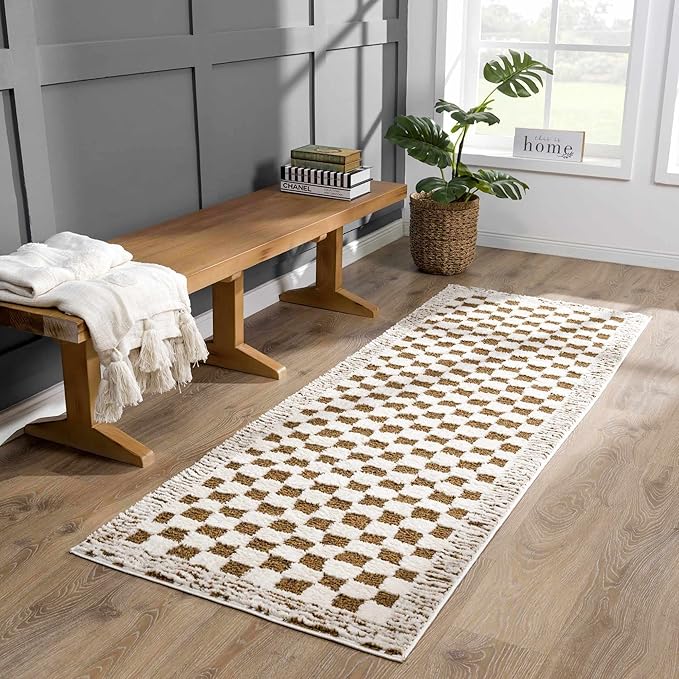 Hauteloom Leryn Hallway, Kitchen Runner Rug - Checkered - High Pile - Bone - 2'8" x 7'3"