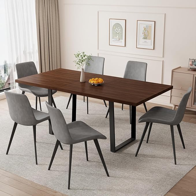 ZckyCine 63"-79" Modern Walnut Dining Table Set for 6 with 6 PU Leather Chairs, Extendable Wood Kitchen Table & Chair Set, Dining Room Furniture for Home, 6-Person Expandable Table