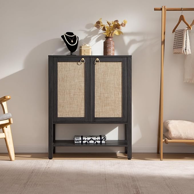 SICOTAS Shoe Cabinet with Storage - 3 Pieces Farmhouse Boho Shoe Organizer with Rattan Doors & Shelves, 5 Tier Free Standing Shoe Rack Storage Cabinet for Entryway, Hallway, Foyer, Closet (Obsidian)